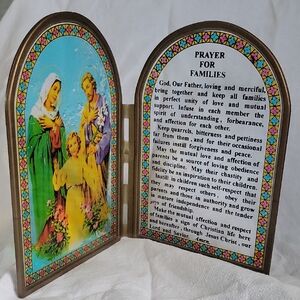Vintage Holy Family Prayer For Families In Arched Frame. Stained Glass Look
